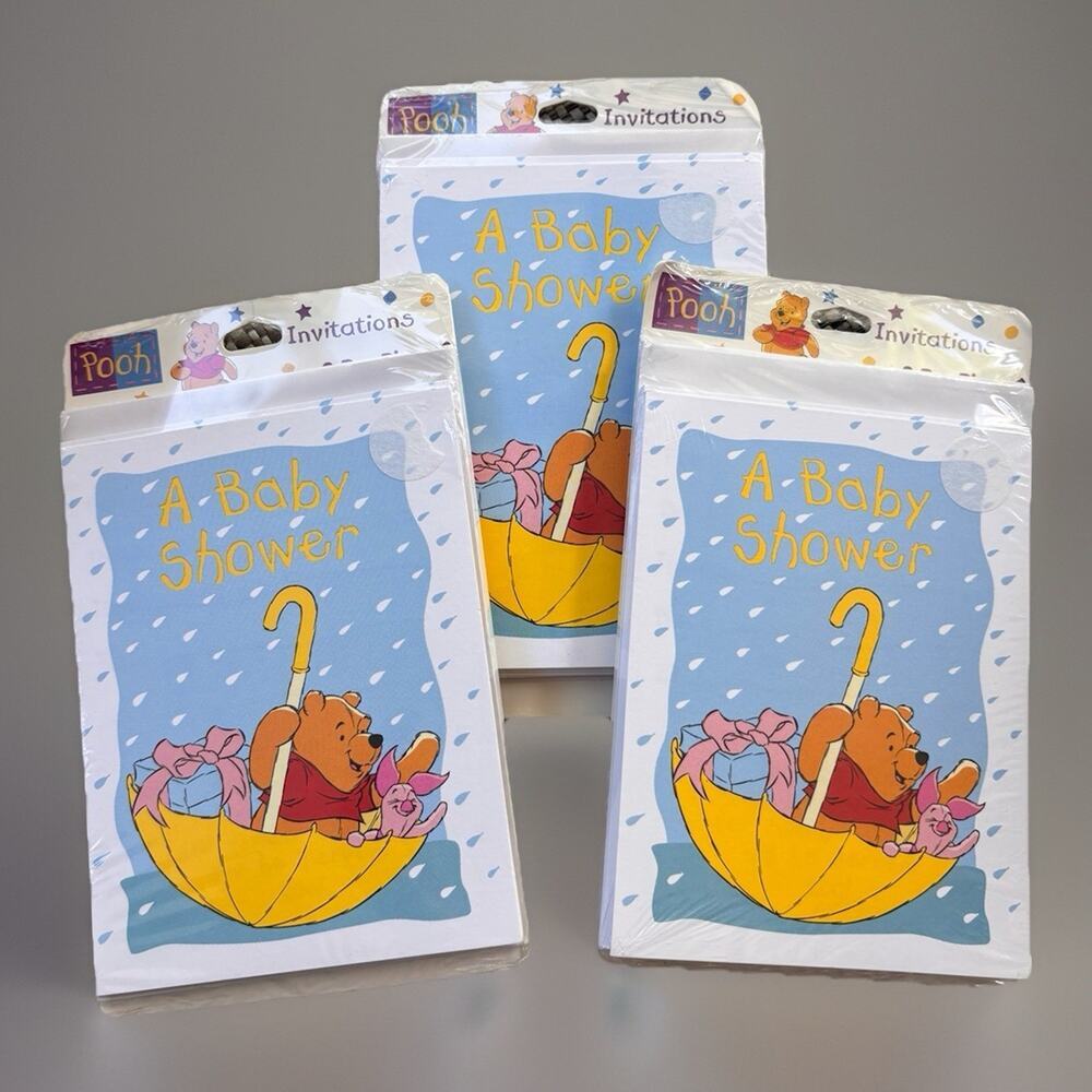 3 Vintage Winnie the Pooh Baby Shower Invitations Party Sealed 24 total 90's